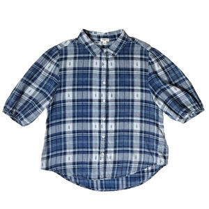 DYLAN Blue Plaid Flannel Button Front Shirt Puff Sleeves 100% Cotton Boho Large